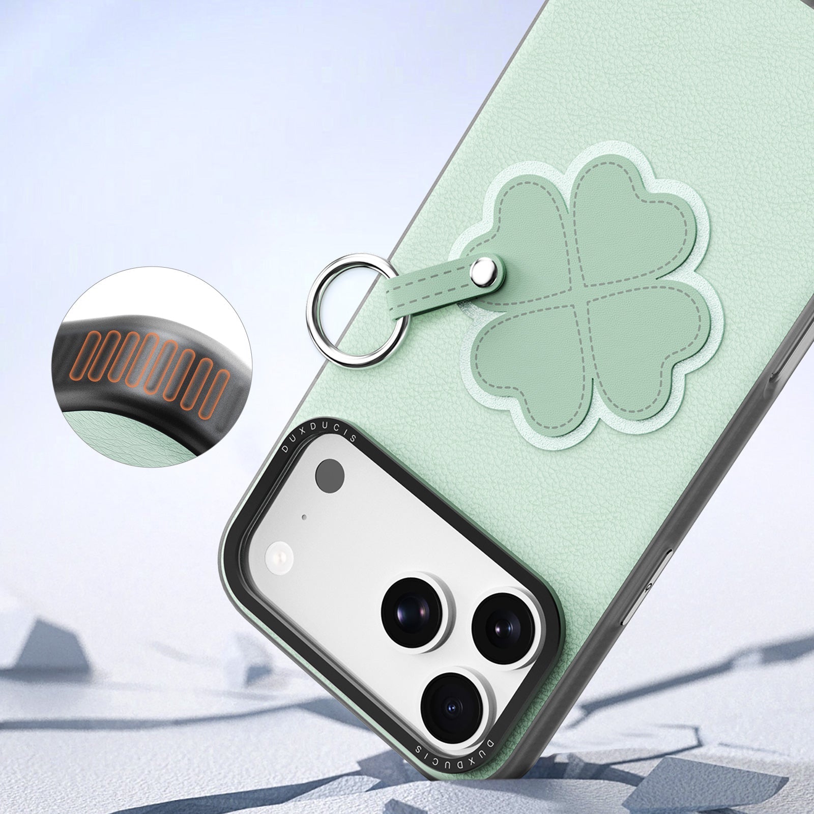 Handyhülle mit Trageband für iPhone 17 Pro, Dux Ducis Luvy, Grün mit Klee