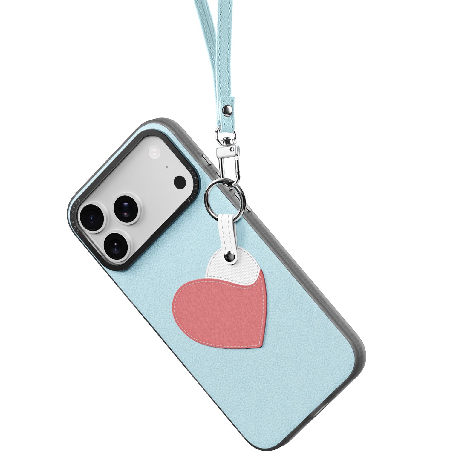 Handyhülle mit Trageband für iPhone 17 Pro Max, Dux Ducis Luvy, Blau mit Rosa Herz