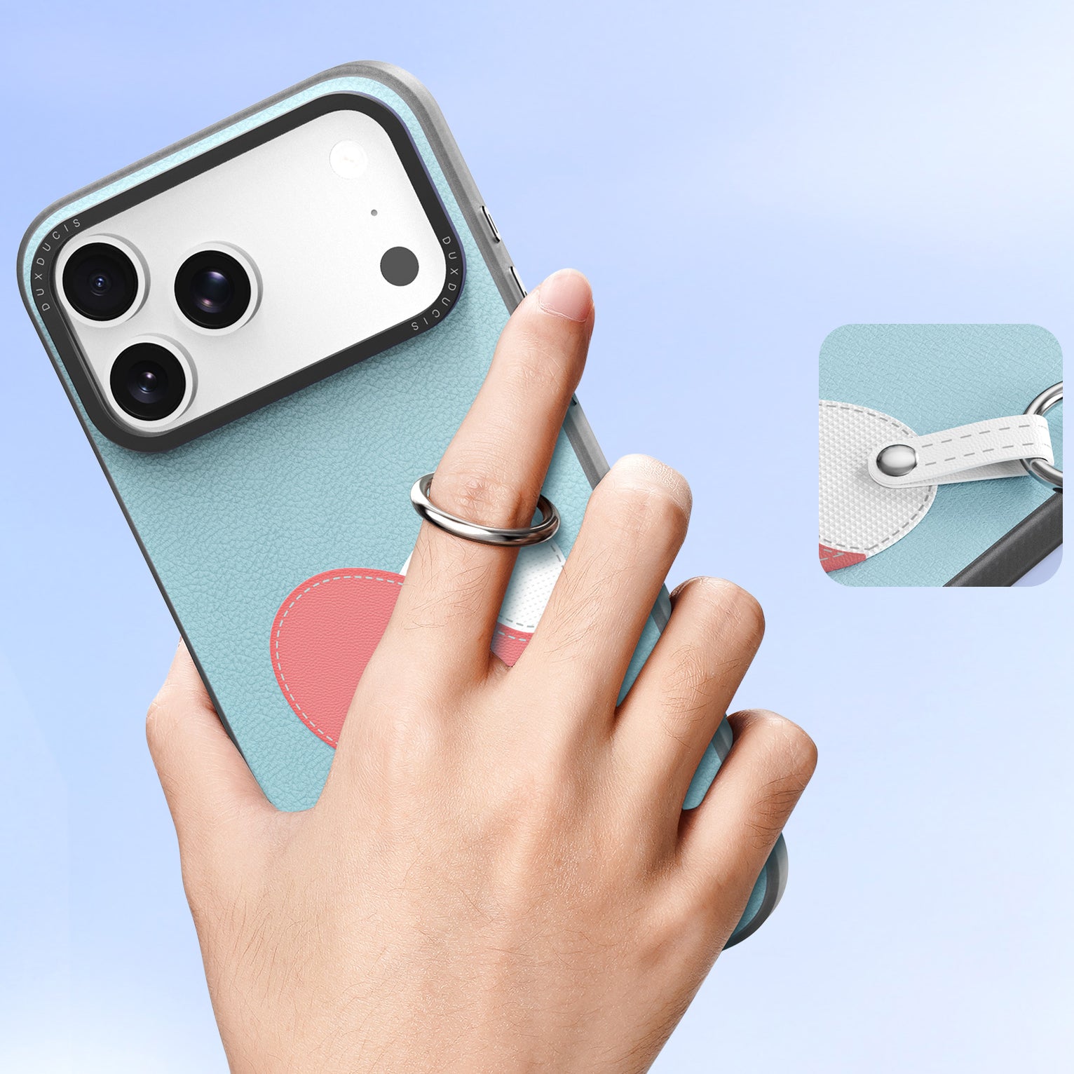 Handyhülle mit Trageband für iPhone 17 Pro Max, Dux Ducis Luvy, Blau mit Rosa Herz