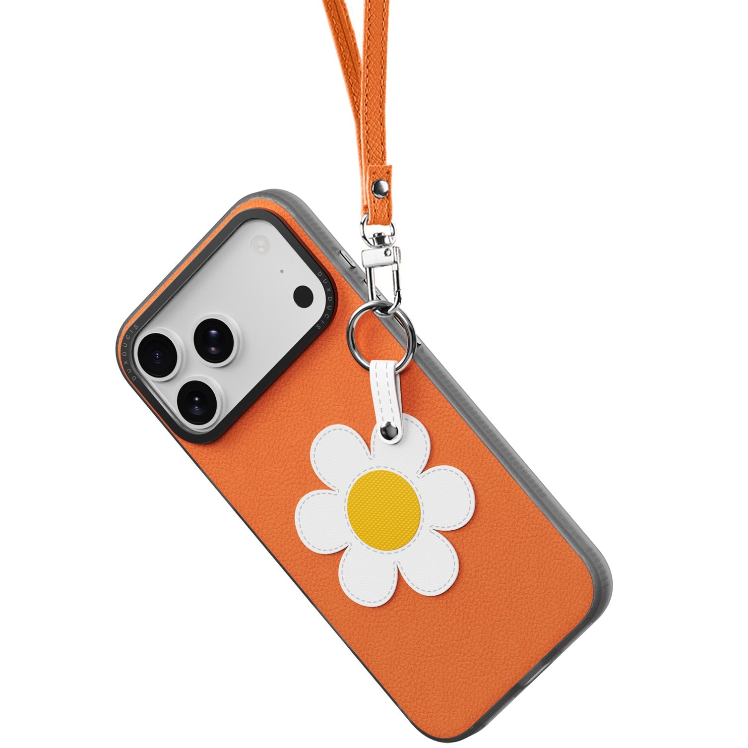Handyhülle mit Trageband für iPhone 17 Pro Max, Dux Ducis Luvy, Orange mit Gänseblümchen