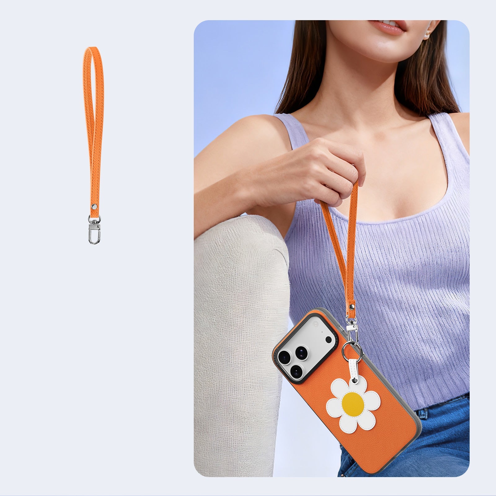 Handyhülle mit Trageband für iPhone 17 Pro Max, Dux Ducis Luvy, Orange mit Gänseblümchen