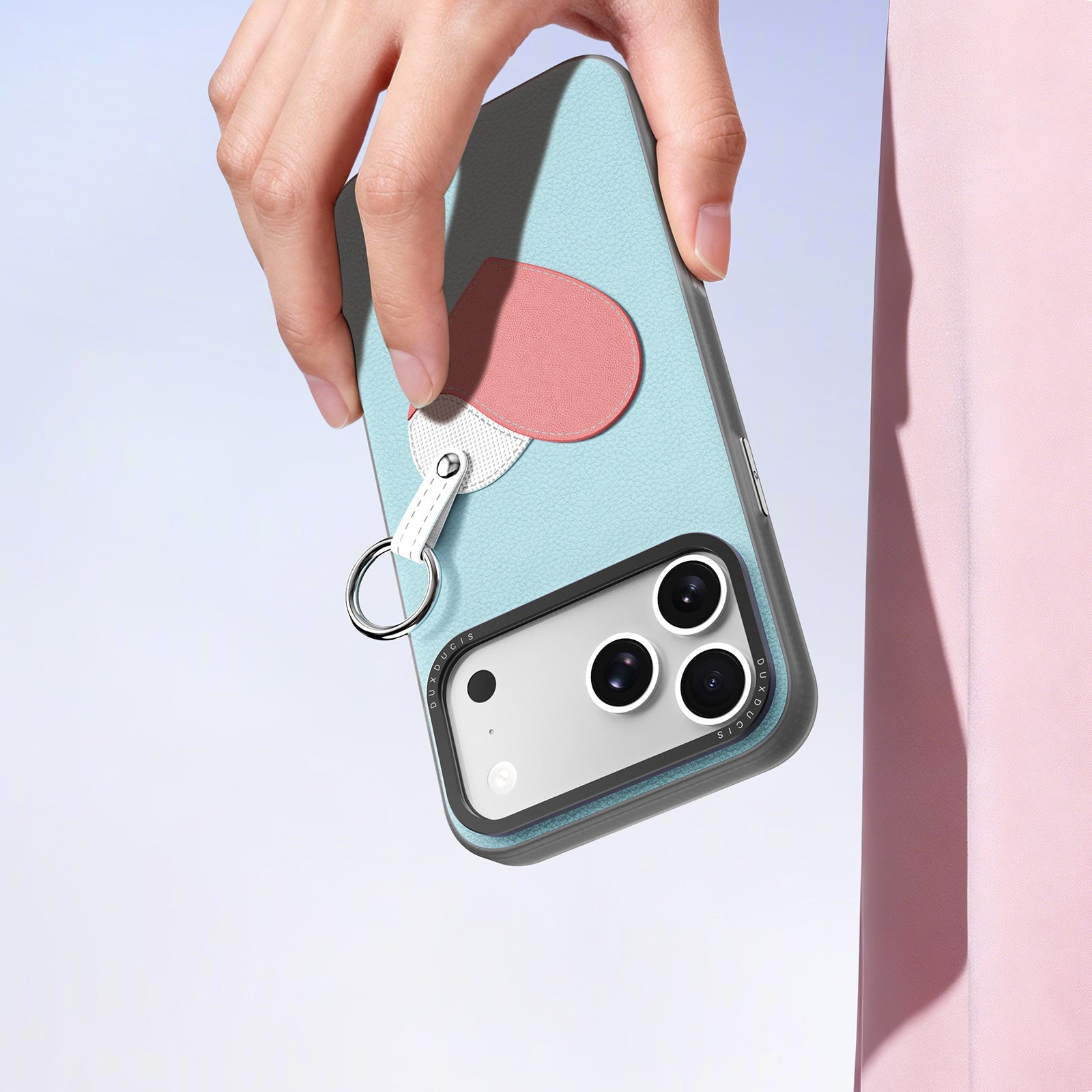 Handyhülle mit Trageband für iPhone 17 Pro, Dux Ducis Luvy, Blau mit Rosa Herz