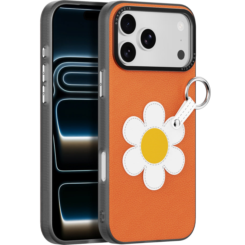 Handyhülle mit Trageband für iPhone 17 Pro, Dux Ducis Luvy, Orange mit Gänseblümchen