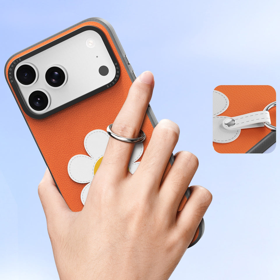 Handyhülle mit Trageband für iPhone 17 Pro, Dux Ducis Luvy, Orange mit Gänseblümchen