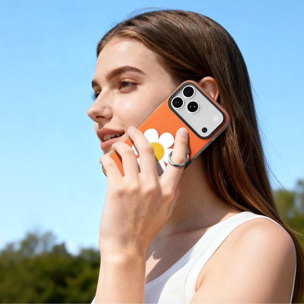 Handyhülle mit Trageband für iPhone 17 Pro, Dux Ducis Luvy, Orange mit Gänseblümchen