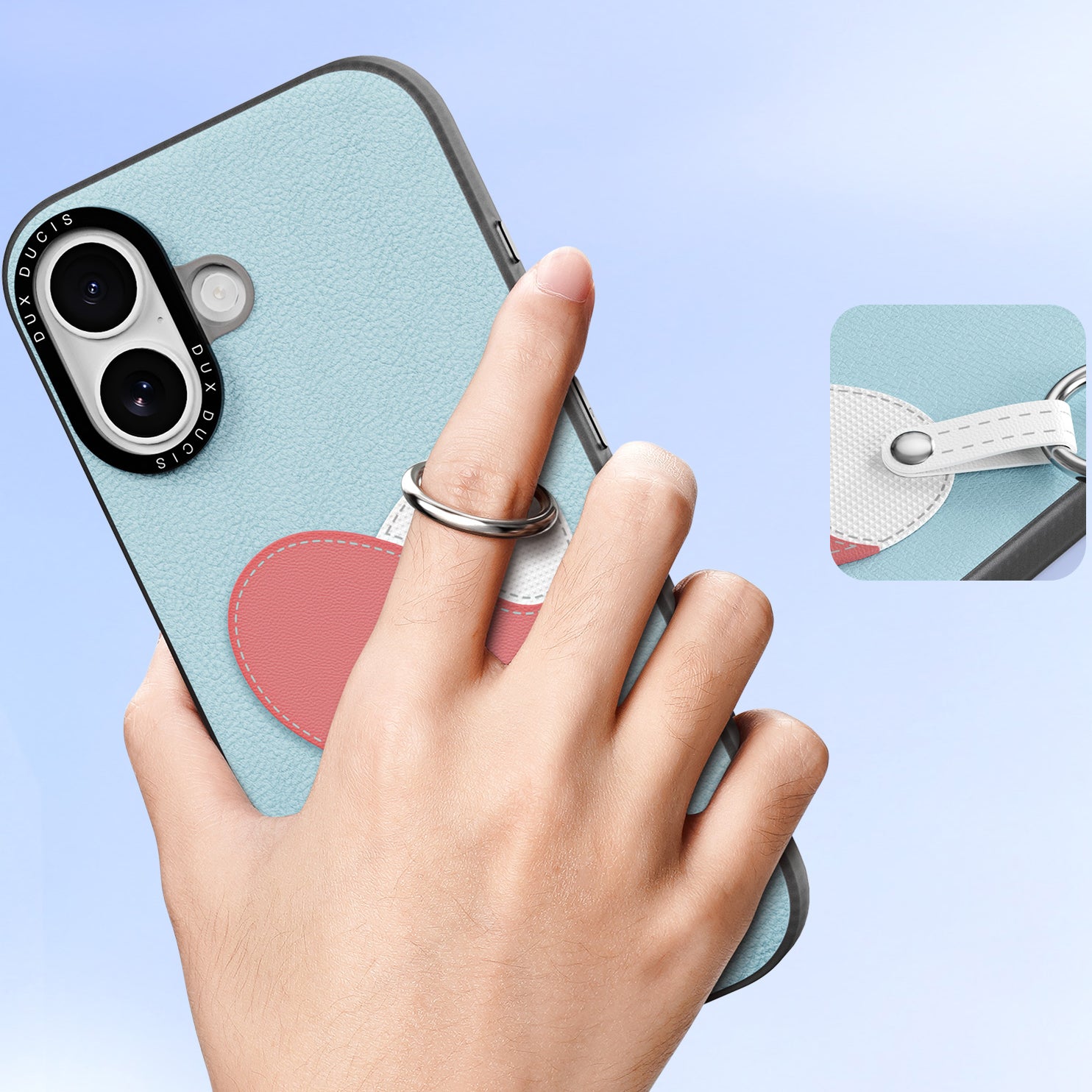 Handyhülle mit Trageband für iPhone 17, Dux Ducis Luvy, Blau mit Rosa Herz