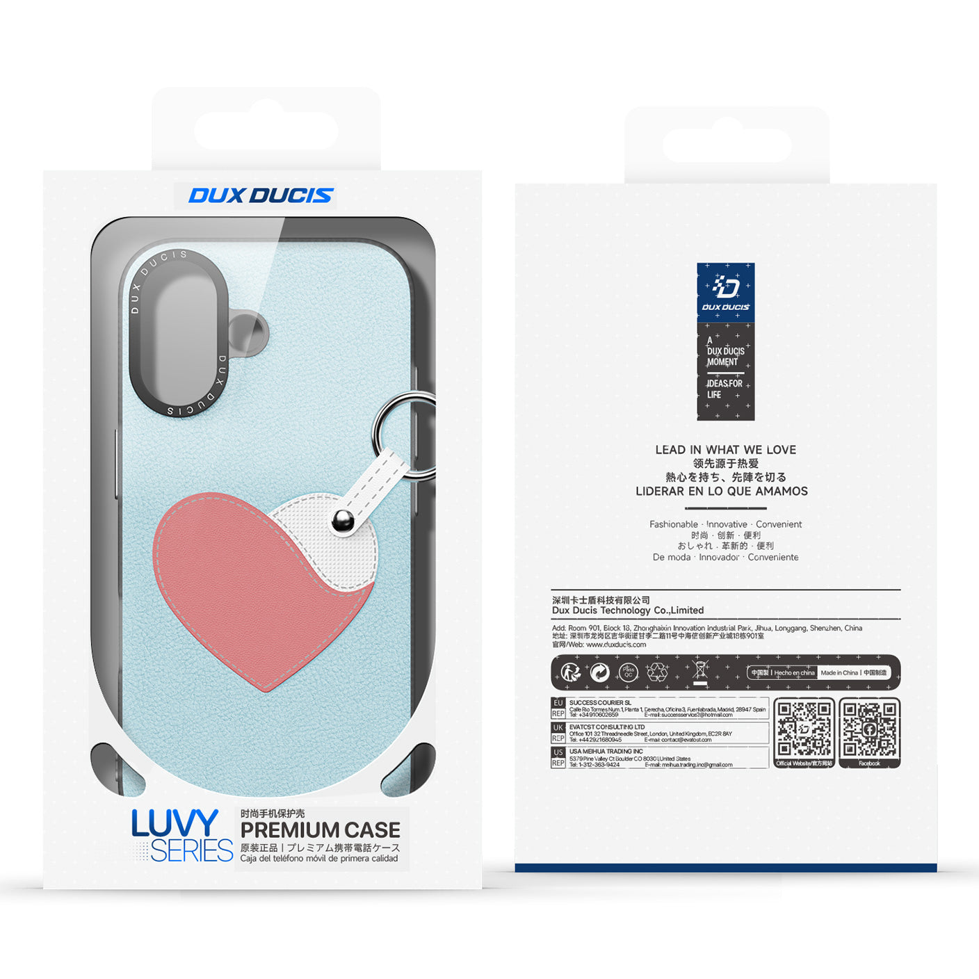 Handyhülle mit Trageband für iPhone 17, Dux Ducis Luvy, Blau mit Rosa Herz