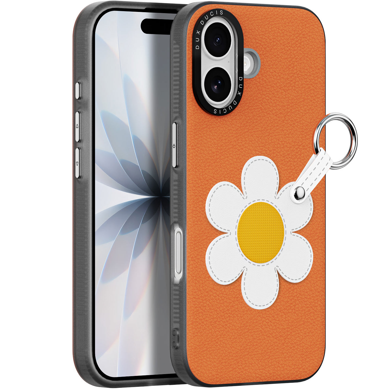 Handyhülle mit Trageband für iPhone 17, Dux Ducis Luvy, Orange mit Gänseblümchen