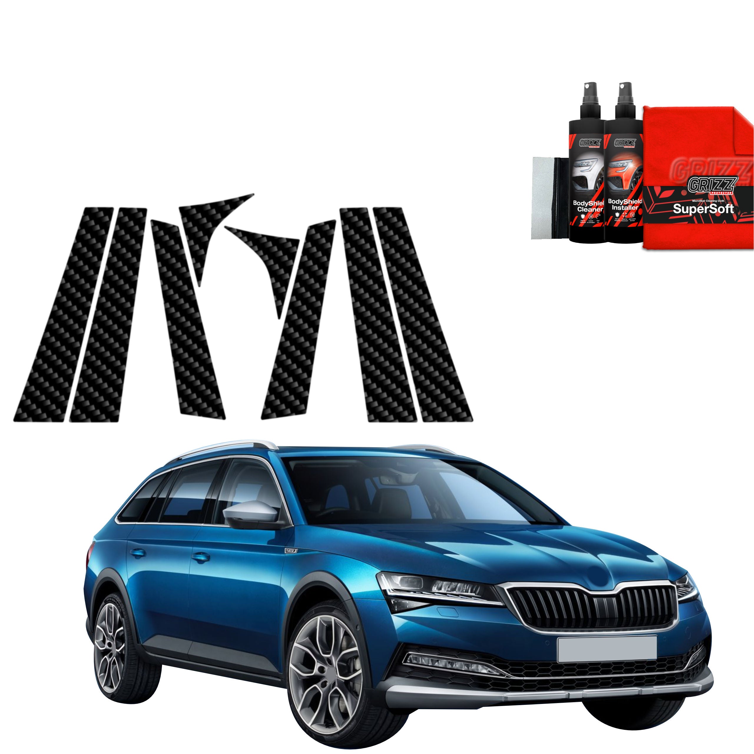 8in1 Kohlenstoff Schutzfolie Grizz Protector für A-B-C-Säule - Skoda Superb 3 Combi (2019- 2023)