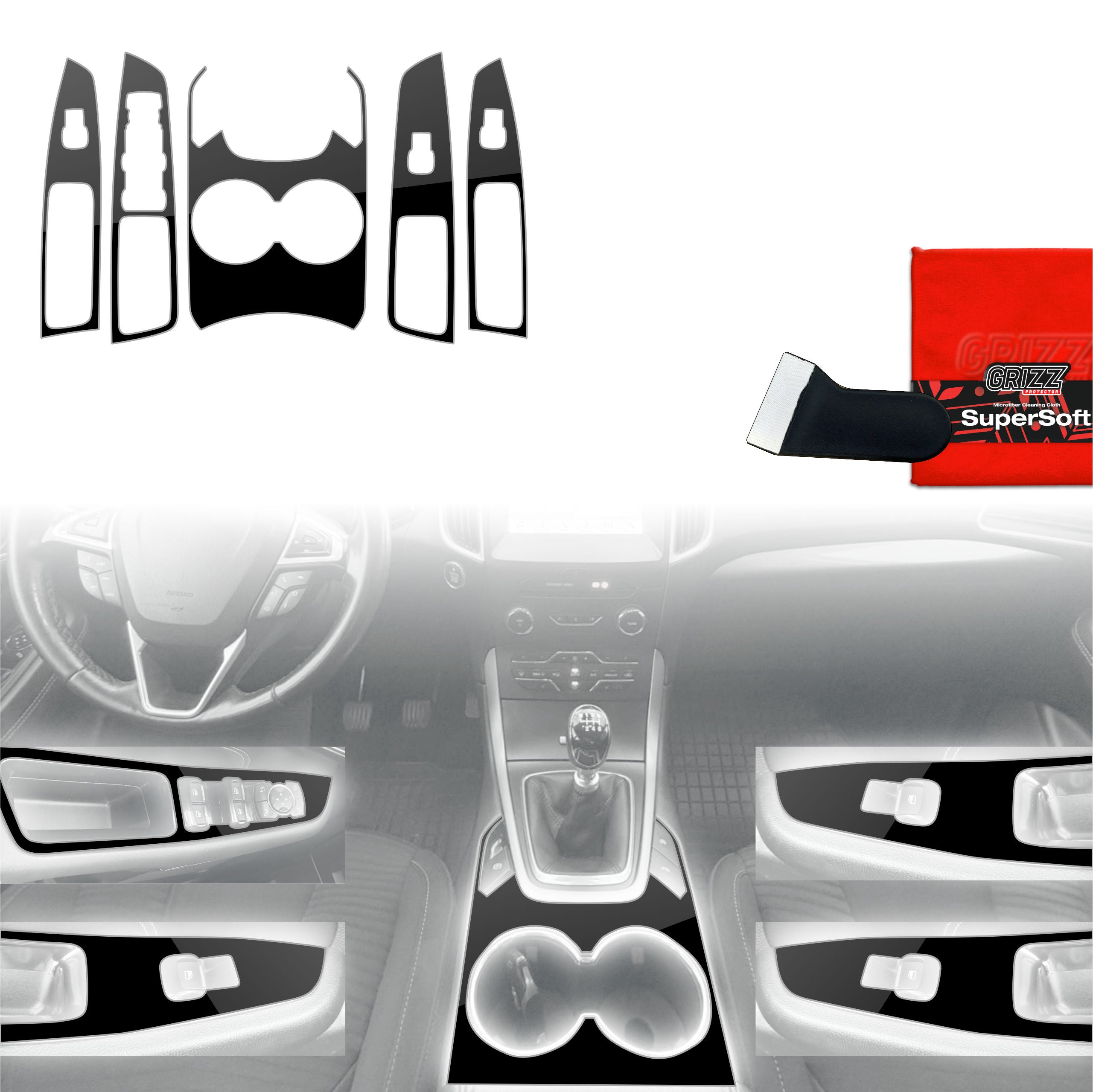 5in1 Schutzfolien Grizz Protector für Mittelkonsole - Ford S-Max MK2 (2015-2023) Schwarz Glanz