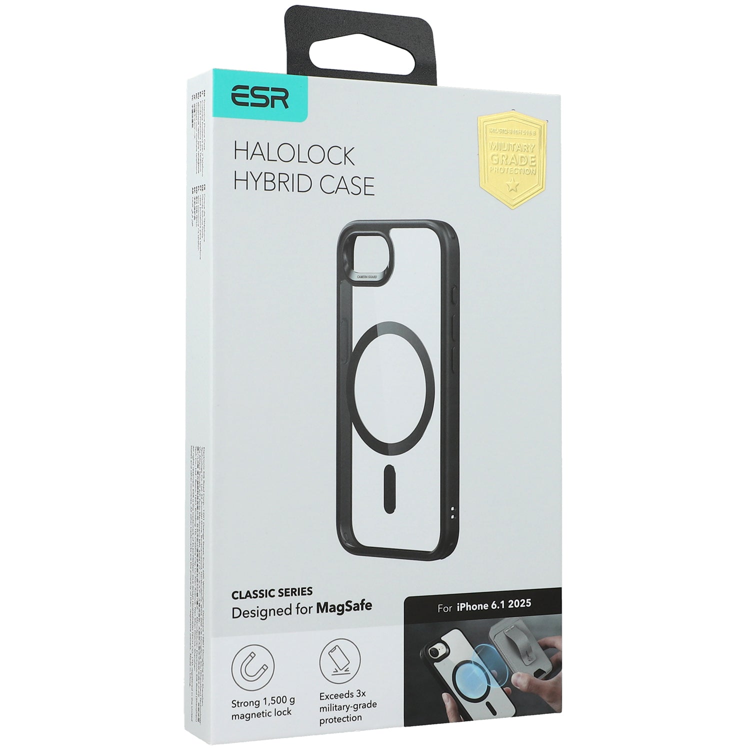 Handyhülle für iPhone 17e / 16e, ESR Classic Hybrid Halolock mit MagSafe, Transparent-schwarz