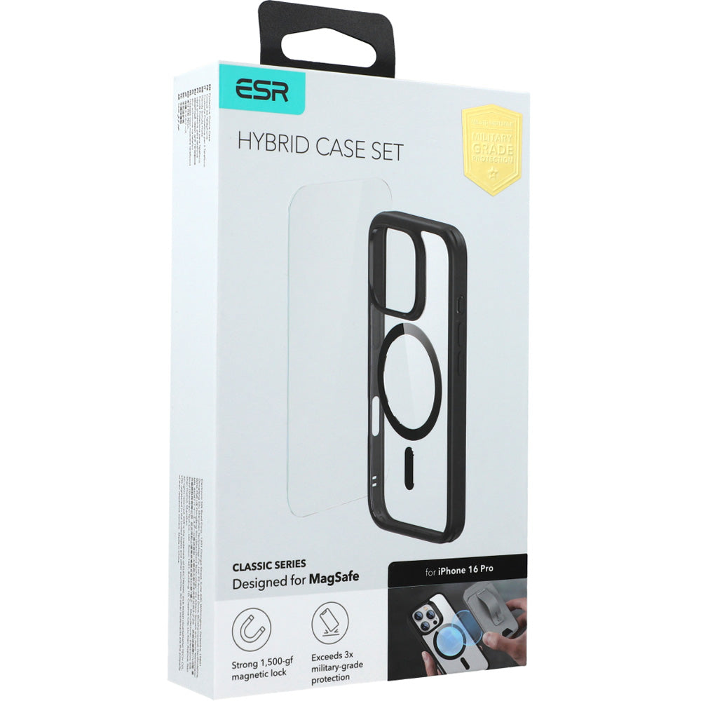 Handyhülle + Gehärtetes Glas für Bildschirm für iPhone 16 Pro für MagSafe, ESR Classic Hybrid HaloLock, Transparent mit Schwarzen Rahmen