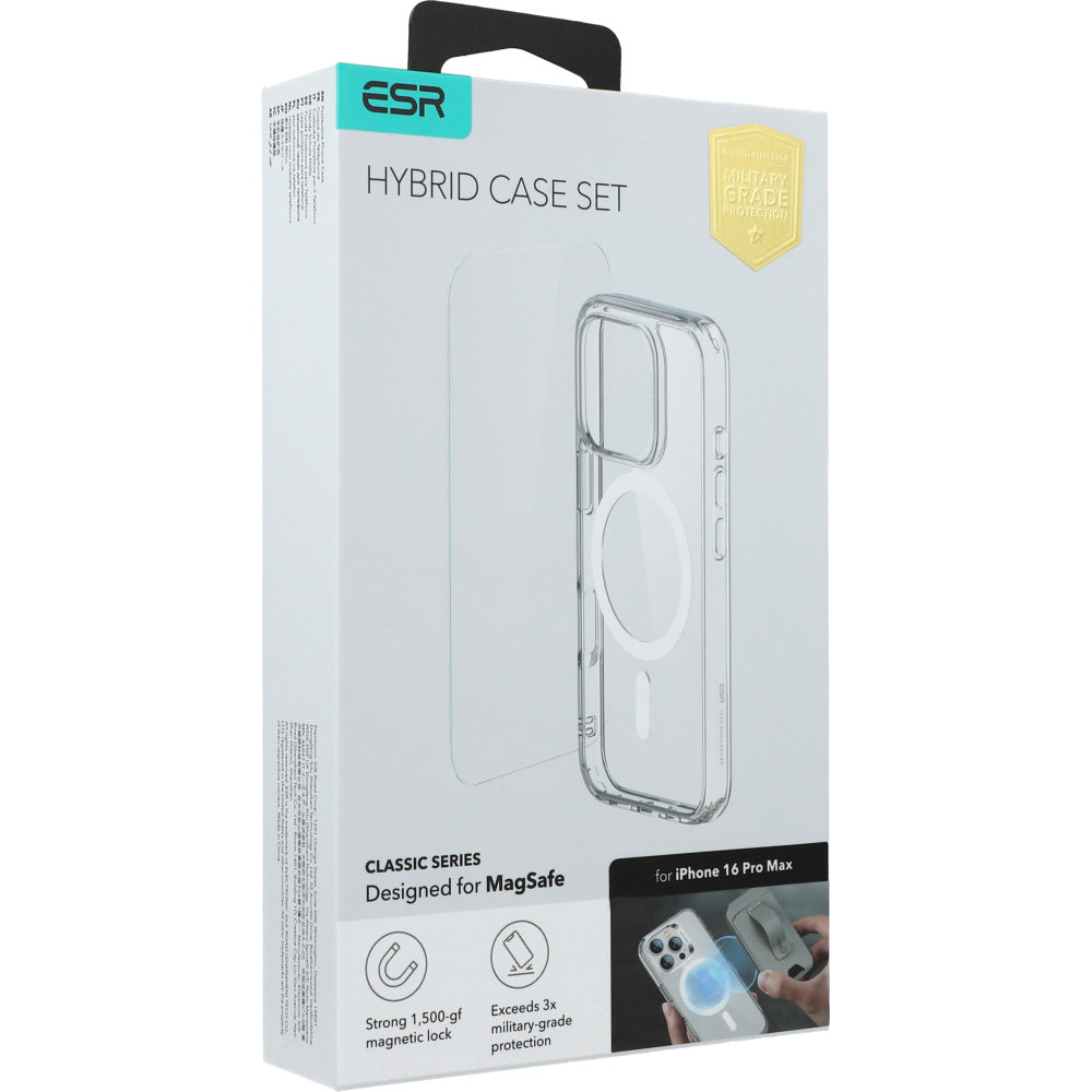 Handyhülle + Gehärtetes Glas für Bildschirm für iPhone 16 Pro Max für MagSafe, ESR Classic Hybrid HaloLock, Transparent-Weiß