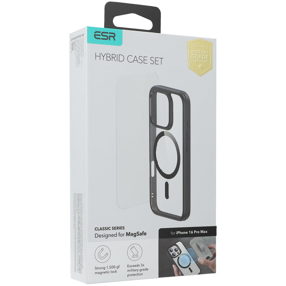 Handyhülle + Gehärtetes Glas für Bildschirm für iPhone 16 Pro Max mit MagSafe, ESR Classic Hybrid HaloLock, Transparent-Schwarz