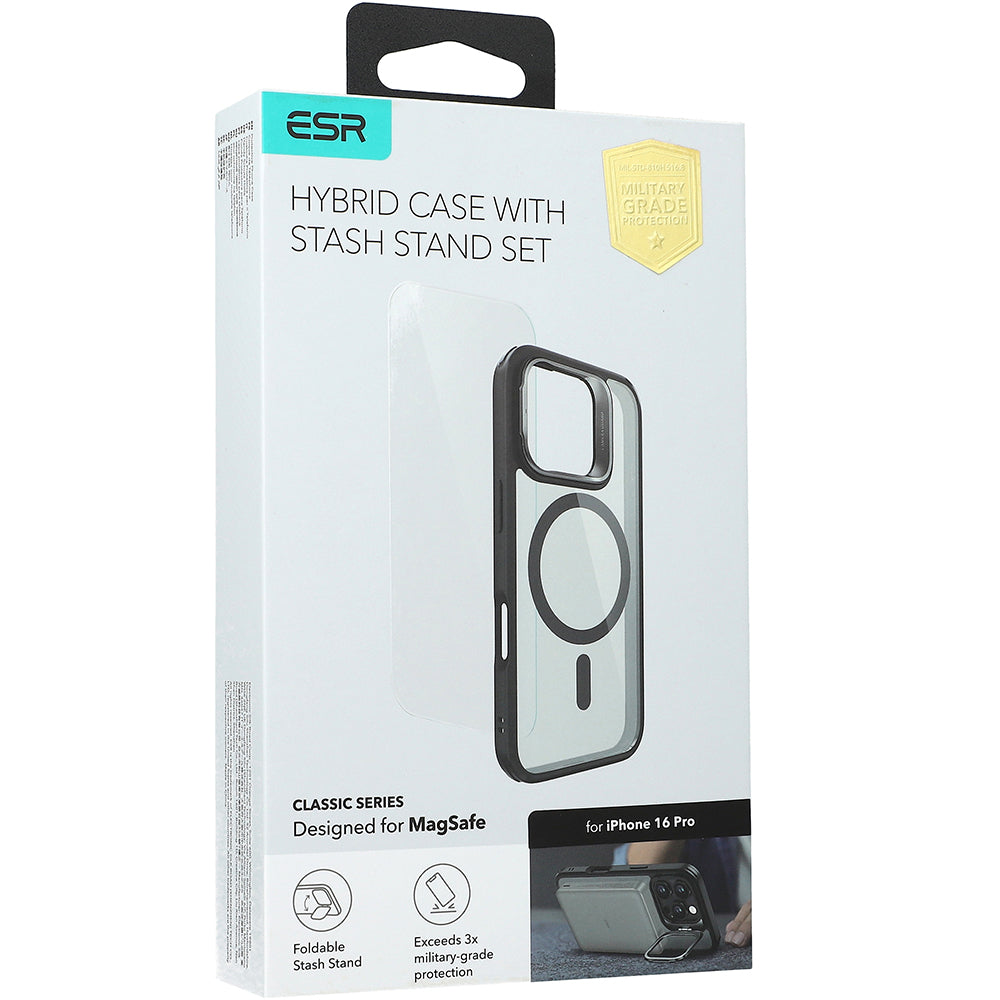 Handyhülle + Gehärtetes Glas für Bildschirm für iPhone 16 Pro, mit MagSafe, ESR Classic Hybrid Kickstand HaloLock, Transparent / Schwarz