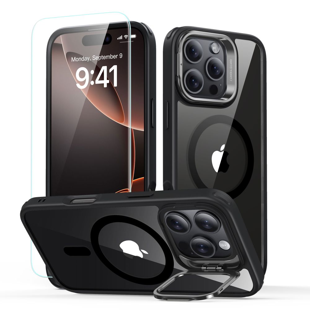 Handyhülle + Gehärtetes Glas für Bildschirm für iPhone 16 Pro, mit MagSafe, ESR Classic Hybrid Kickstand HaloLock, Transparent / Schwarz