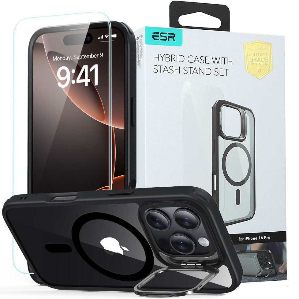 Handyhülle + Gehärtetes Glas für Bildschirm für iPhone 16 Pro, mit MagSafe, ESR Classic Hybrid Kickstand HaloLock, Transparent / Schwarz
