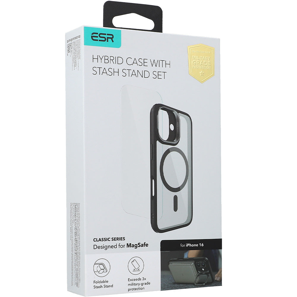 Handyhülle + Gehärtetes Glas für Bildschirm für iPhone 16 mit MagSafe, ESR Classic Hybrid KickStand, Transparent mit Schwarzen Rahmen