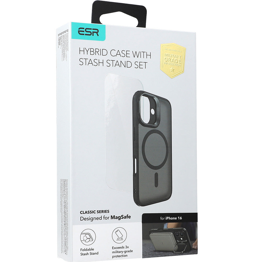 Handyhülle + Gehärtetes Glas für Bildschirm für iPhone 16 mit MagSafe, ESR Classic Hybrid KickStand, Durchscheinend-Schwarz