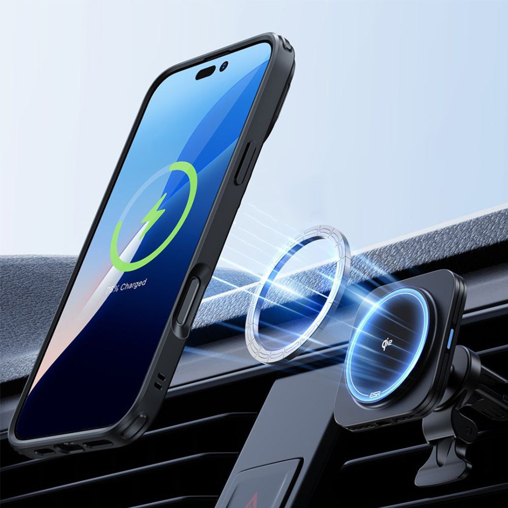Handyhülle + Gehärtetes Glas für Bildschirm für iPhone 16 mit MagSafe, ESR Classic Hybrid KickStand, Durchscheinend-Schwarz