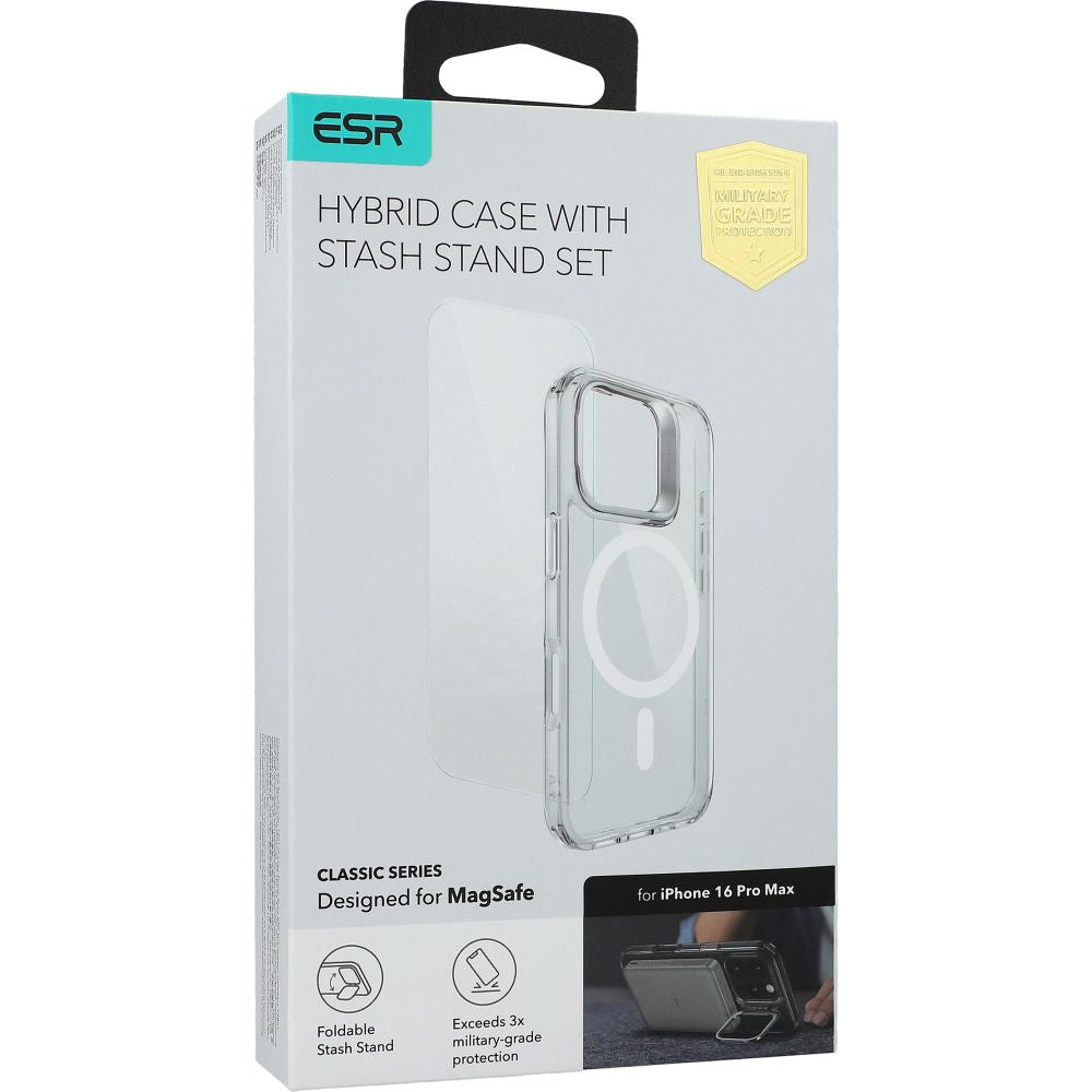Handyhülle + Gehärtetes Glas für Bildschirm für iPhone 16 Pro Max mit MagSafe, ESR Classic Hybrid Kickstand HaloLock, Transparent
