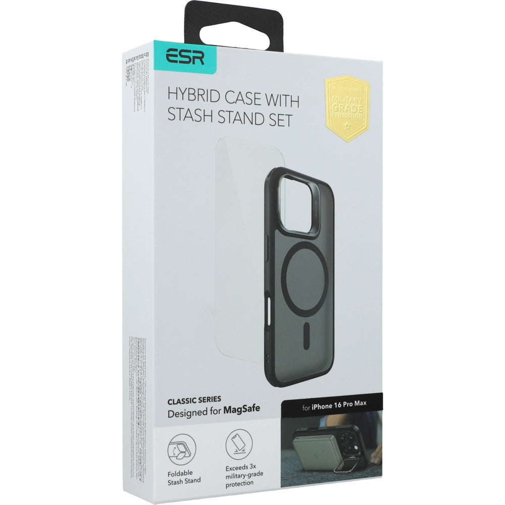 Handyhülle + Gehärtetes Glas für Bildschirm für iPhone 16 Pro Max mit MagSafe, ESR Classic Hybrid KickStand, Durchscheinend-Schwarz