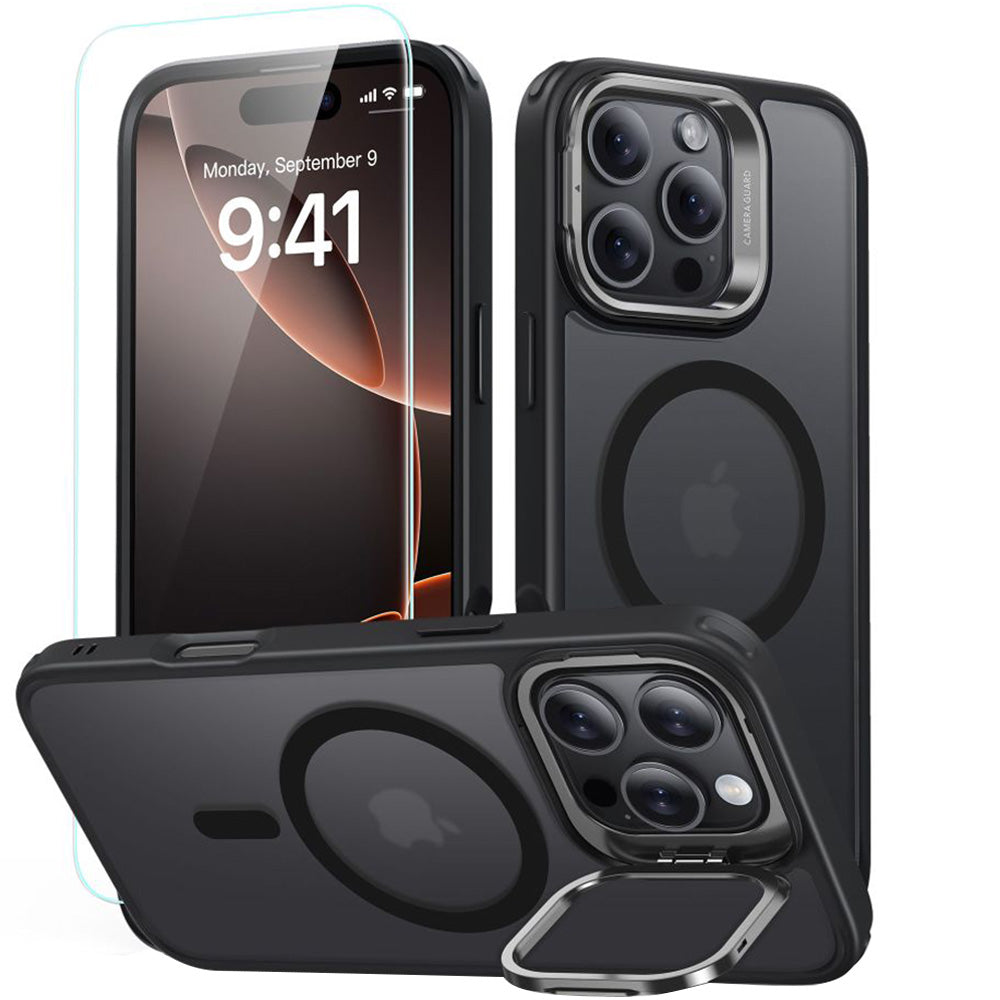 Handyhülle + Gehärtetes Glas für Bildschirm für iPhone 16 Pro Max mit MagSafe, ESR Classic Hybrid KickStand, Durchscheinend-Schwarz