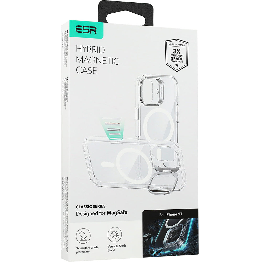 Handyhülle für iPhone 17, ESR Classic Hybrid Kickstand mit MagSafe, Transparent-Weiß