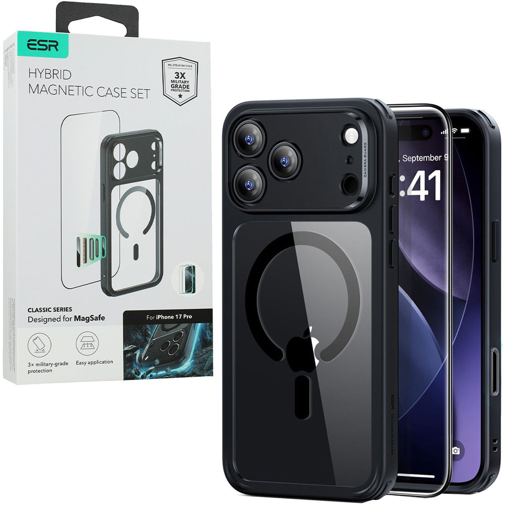 Set Handyhülle, Glas für iPhone 17 Pro, ESR Classic Hybrid mit MagSafe & Tempered Glass, Schwarz und Transparent