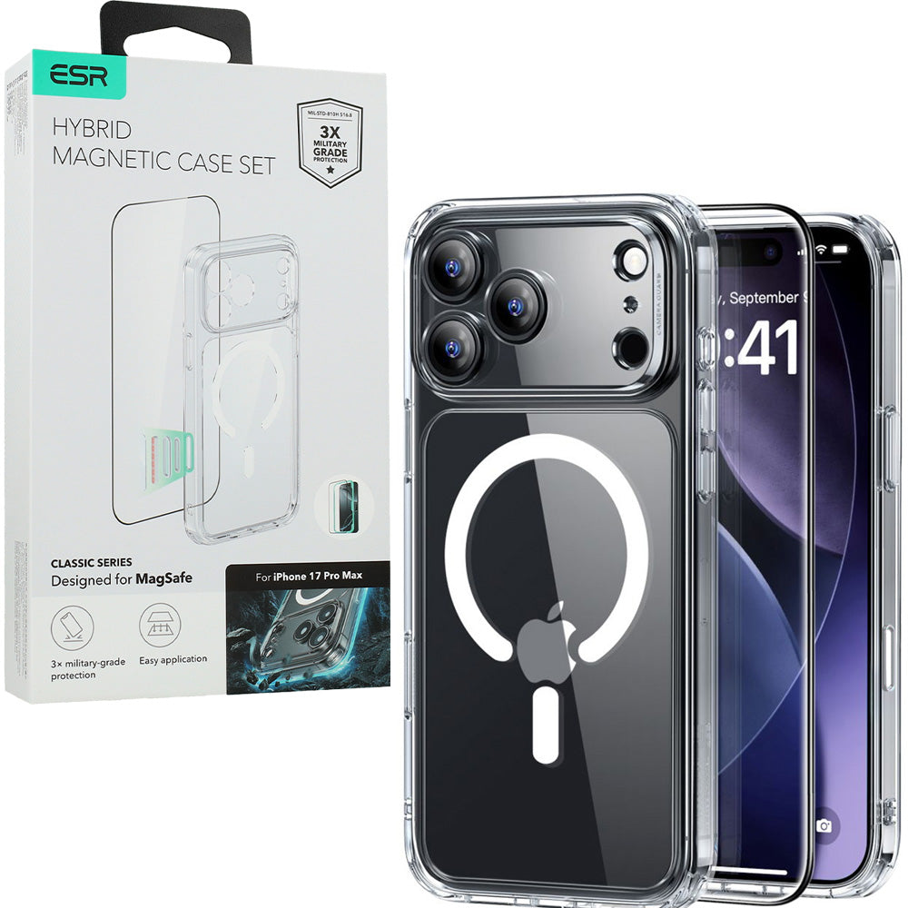 Set Handyhülle, Glas für iPhone 17 Pro Max, ESR Classic Hybrid mit MagSafe & Tempered Glass, Transparent