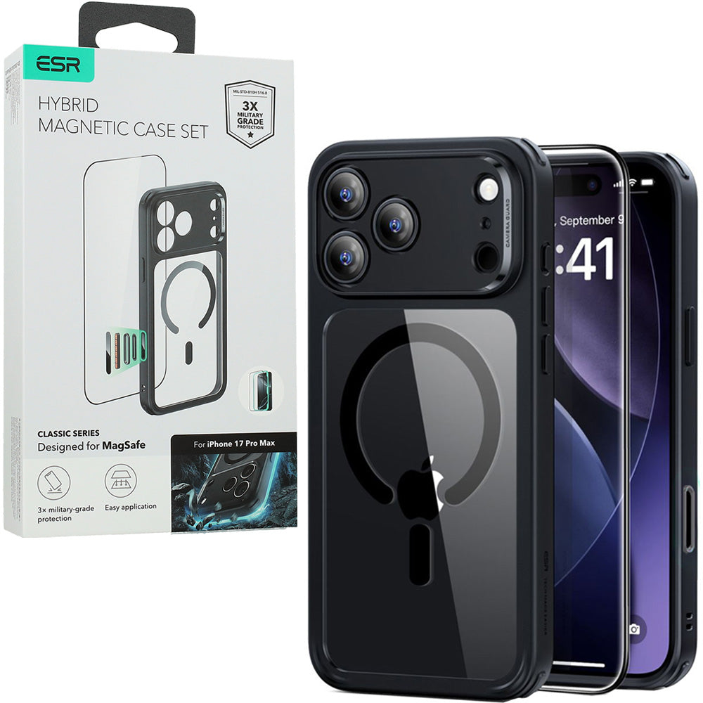 Set Handyhülle, Glas für iPhone 17 Pro Max, ESR Classic Hybrid mit MagSafe & Tempered Glass, Schwarz und Transparent