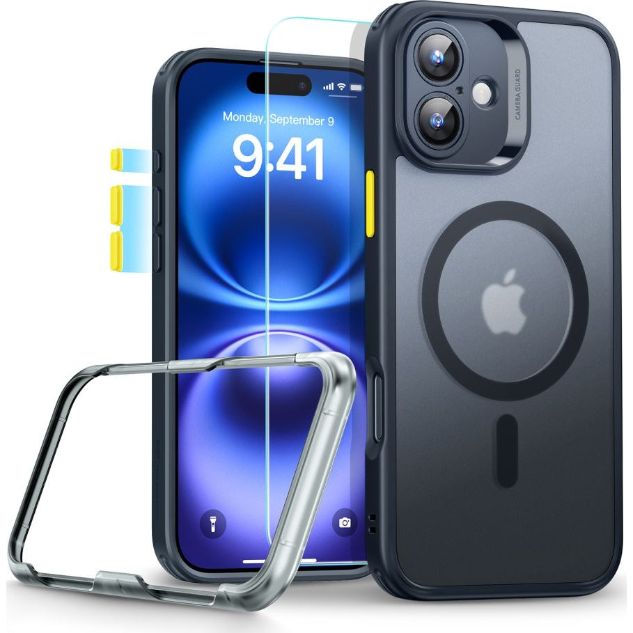 Handyhülle und Gehärtetes Glas für Bildschirm für iPhone 16, ESR Classic Pro Set HaloLock für MagSafe, Durchscheinend-Schwarz