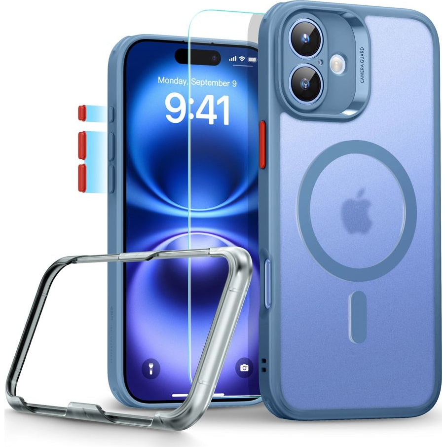 Handyhülle und Gehärtetes Glas für Bildschirm für iPhone 16, ESR Classic Pro Set HaloLock für MagSafe, Durchscheinend-Blau