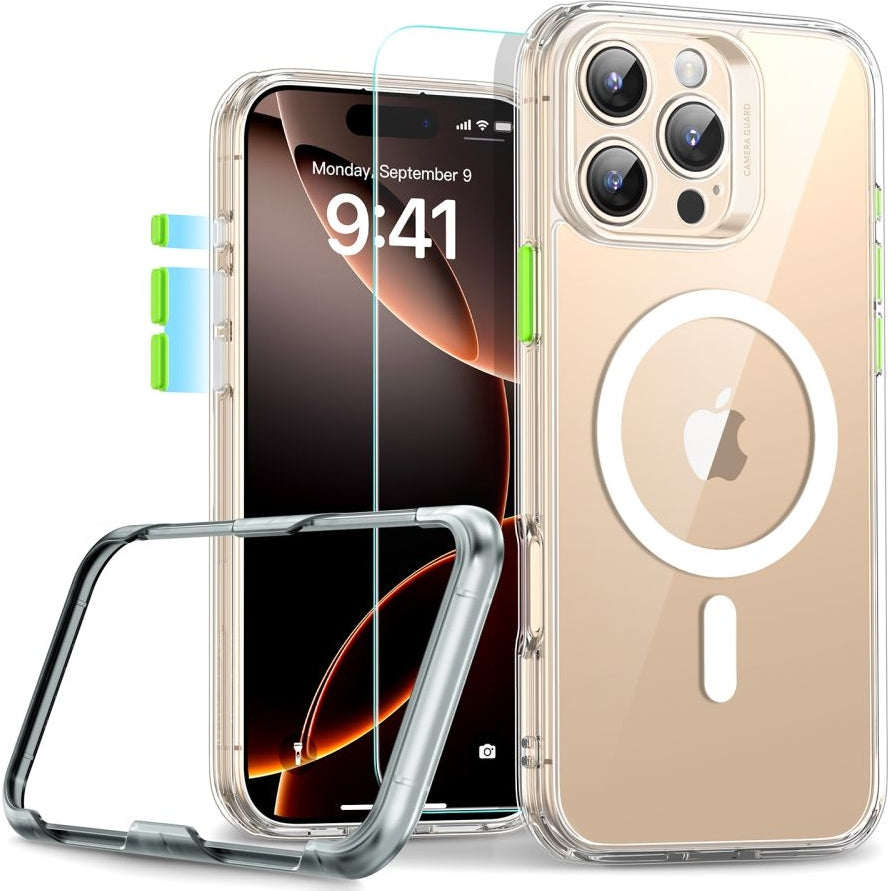 Handyhülle und Gehärtetes Glas für Bildschirm für iPhone 16 Pro Max, ESR Classic Pro Set HaloLock für MagSafe, Transparent