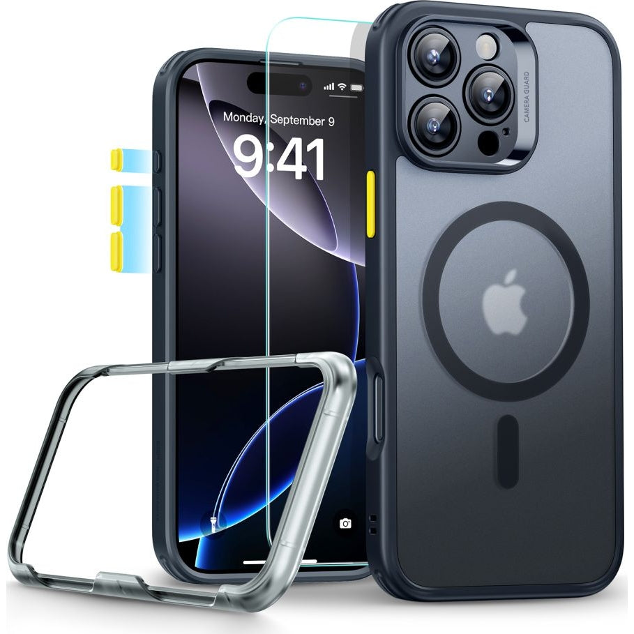 Handyhülle und Gehärtetes Glas für Bildschirm für iPhone 16 Pro Max, ESR Classic Pro Set HaloLock für MagSafe, Durchscheinend-Schwarz