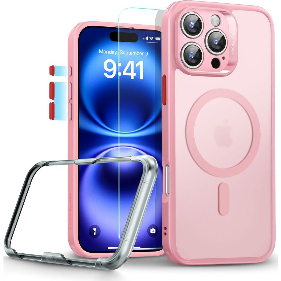 Handyhülle und Gehärtetes Glas für Bildschirm für iPhone 16 Pro Max, ESR Classic Pro Set HaloLock für MagSafe, Durchscheinend-Rosa