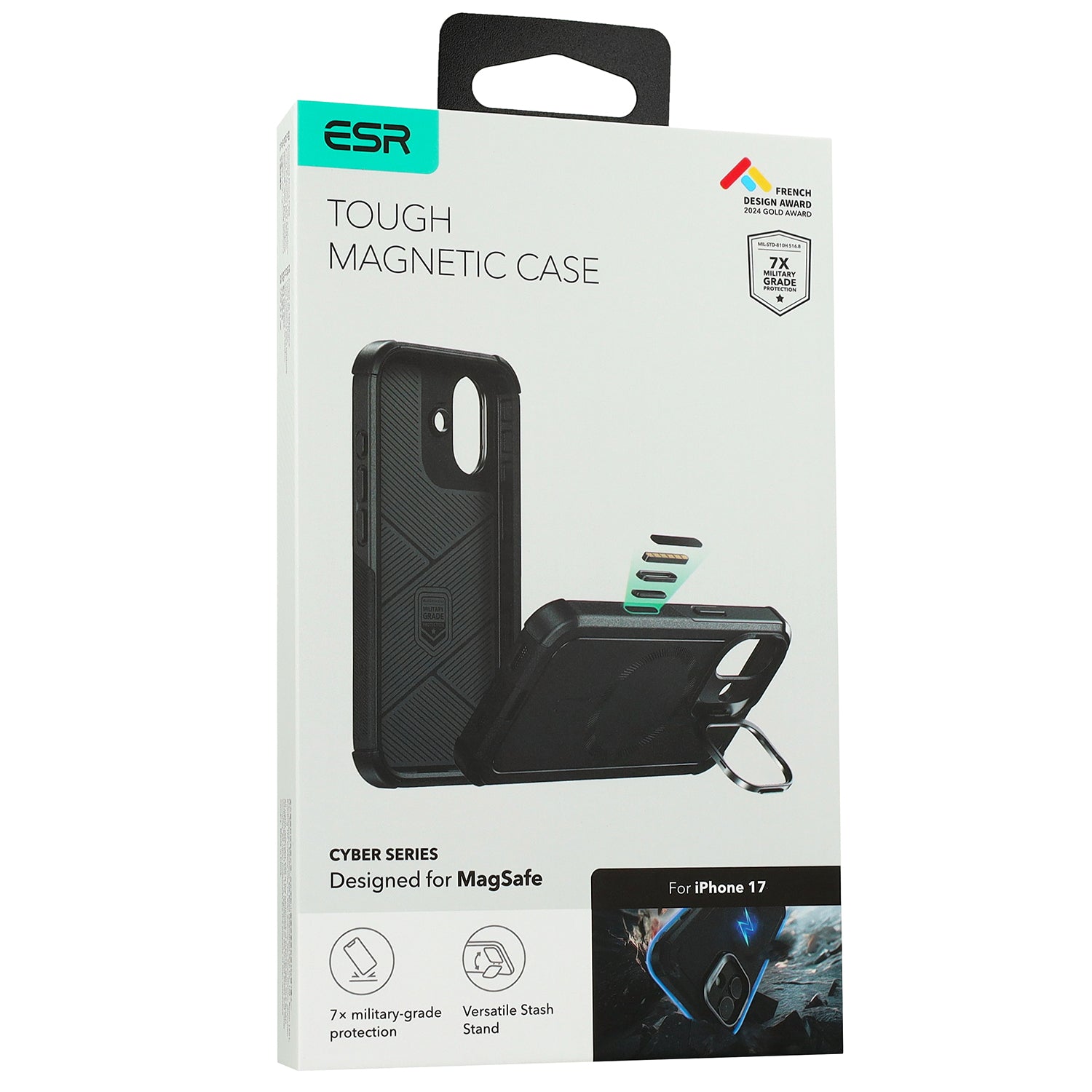 Handyhülle für iPhone 17, ESR Cyber Tough Case Kickstand mit MagSafe, Robust, Schwarz