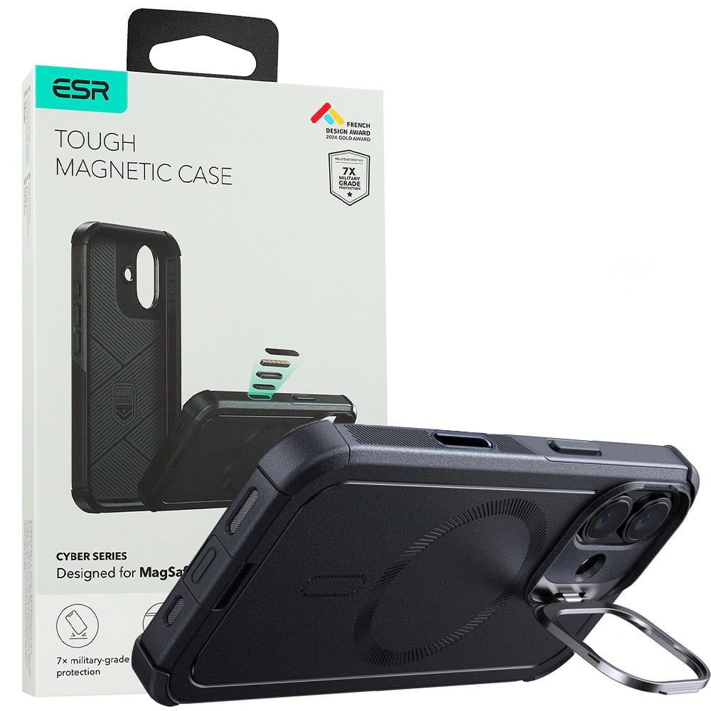 Handyhülle für iPhone 17, ESR Cyber Tough Case Kickstand mit MagSafe, Robust, Schwarz