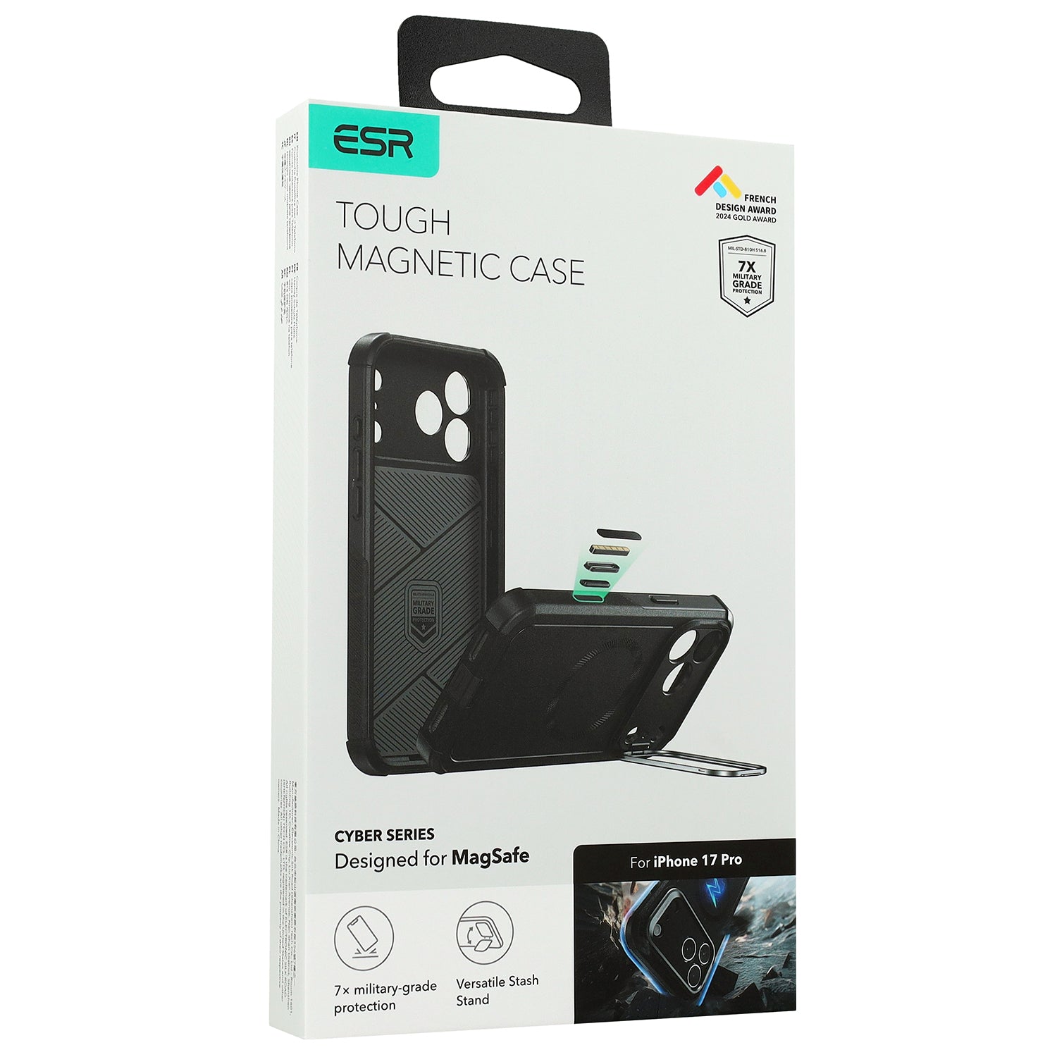 Handyhülle für iPhone 17 Pro, ESR Cyber Tough Case Kickstand mit MagSafe, Schwarz