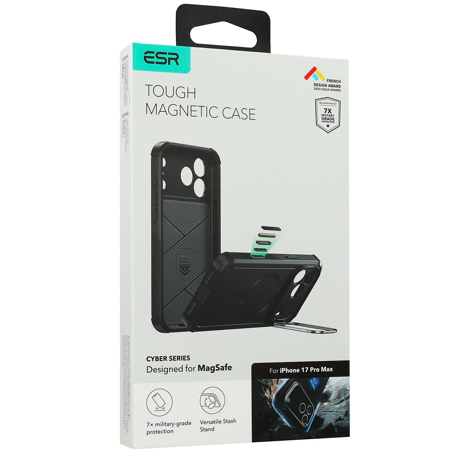 Handyhülle für iPhone 17 Pro Max, ESR Cyber Tought Case Kickstand mit MagSafe, Schwarz