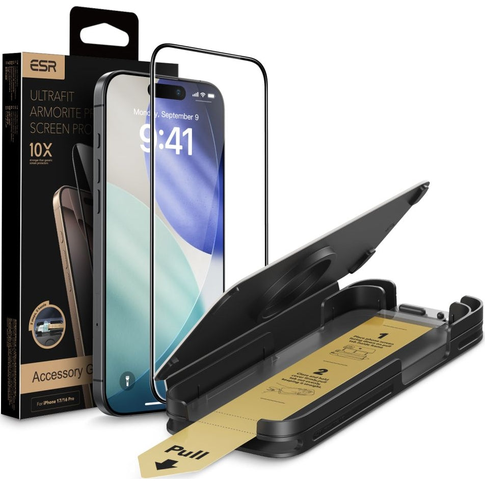 Gehärtetes Glas für iPhone 17 / 16 Pro, ESR Ultrafit Armorite Pro Tempered Glass, Transparent mit schwarzen Rahmen