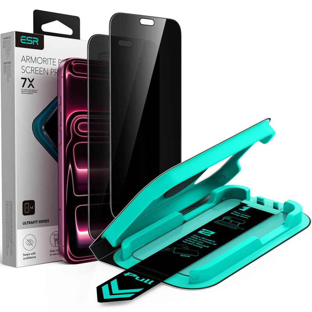 Sichtschutzglas mit Positionierungsrahmen für iPhone 18 Pro Max, ESR UltraFit Armorite Privacy Tempered Glass, 2 Stück (1/7)
