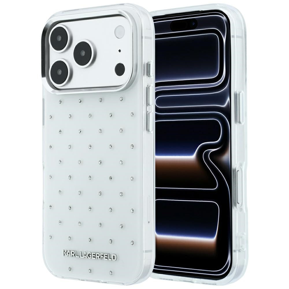 Handyhülle Karl Lagerfeld IML Rhinestones Allover Electroplated Logo für iPhone 18 Pro / 17 Pro, Weiß