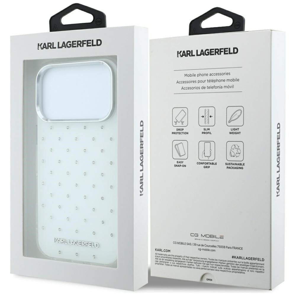 Handyhülle Karl Lagerfeld IML Rhinestones Allover Electroplated Logo für iPhone 18 Pro / 17 Pro, Weiß