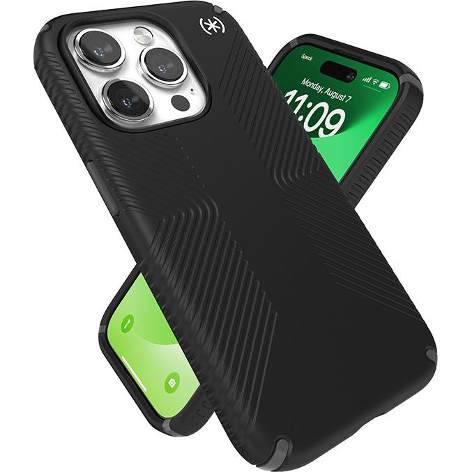 Schutzhülle Speck Presidio2 Grip für Apple iPhone 15 Pro, Schwarz und Grau