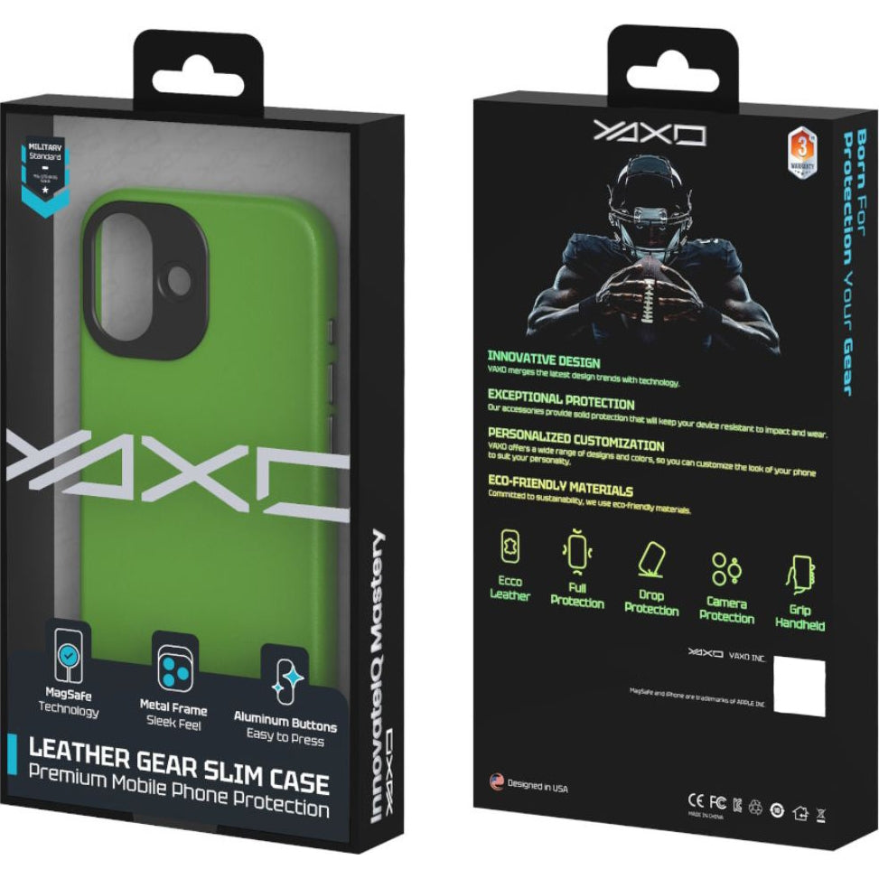 Handyhülle für iPhone 17, YAXO Leather Gear Slim Case MagSafe, Grün