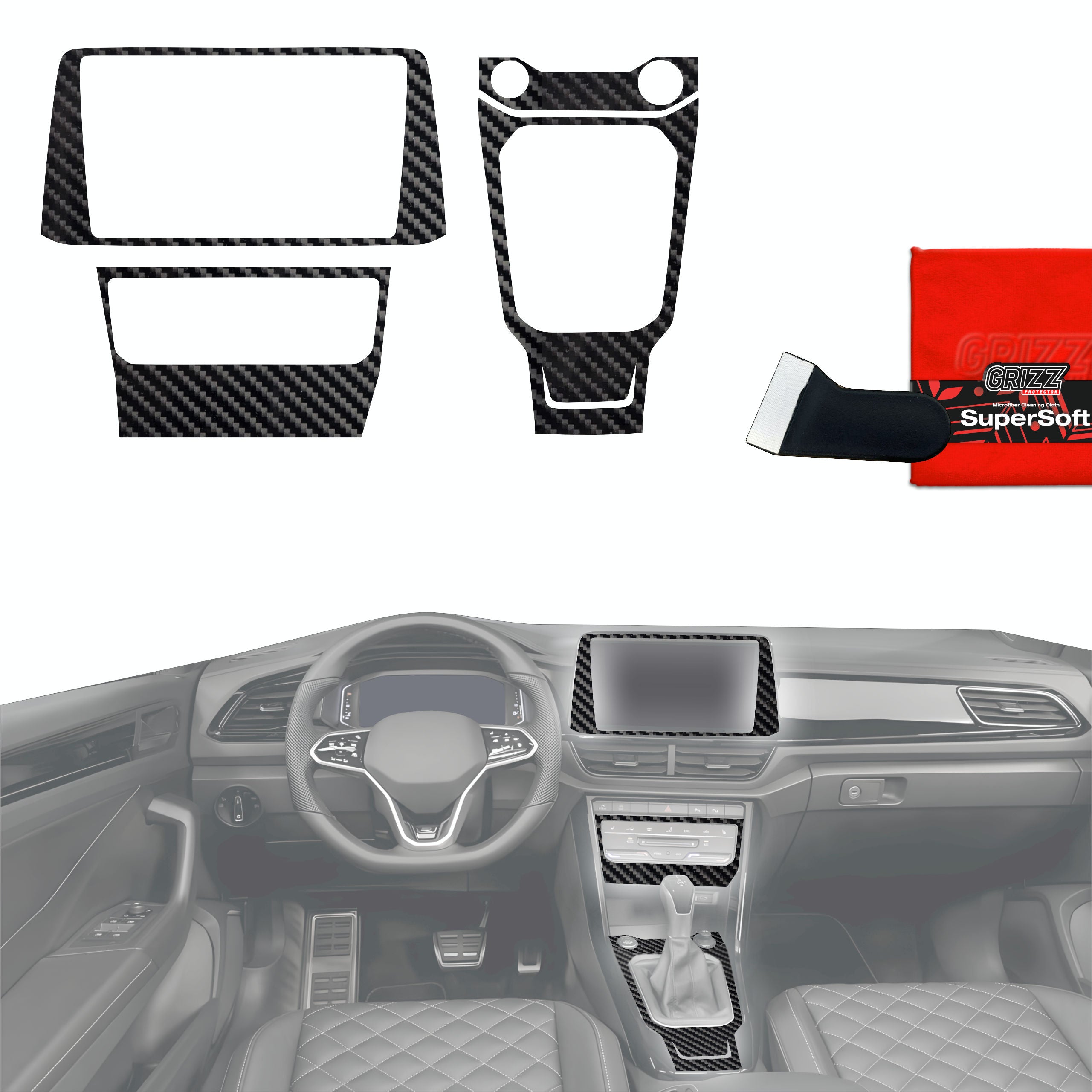 4in1 Schutzfolien Grizz Protector für Mittelkonsole & Armaturenbrett - Volkswagen T-Roc R-Line (2025-2026) Carbon Optik Glanz