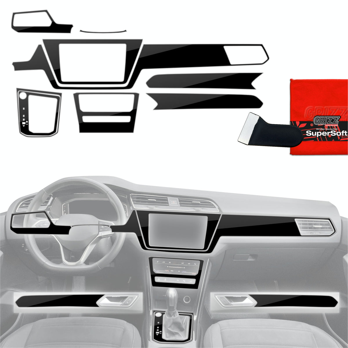 9in1 Schutzfolien Grizz Protector für Mittelkonsole & Armaturenbrett - Volkswagen Touran Highline (2025-2026) Schwarz Glanz