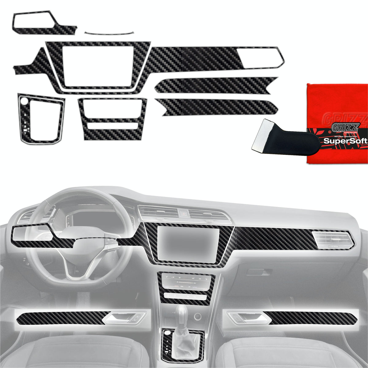 9in1 Schutzfolien Grizz Protector für Mittelkonsole & Armaturenbrett - Volkswagen Touran Highline (2025-2026) Carbon Optik Glanz
