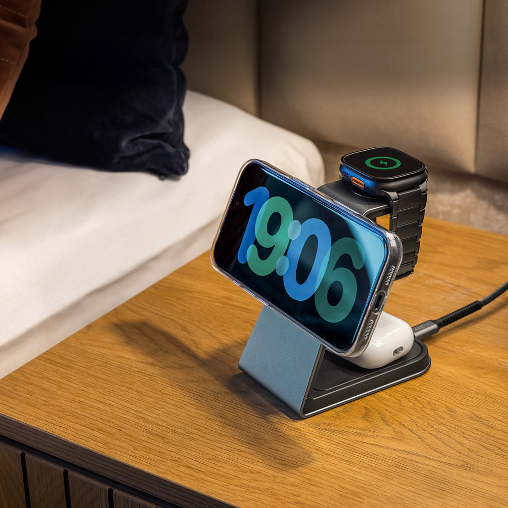 Induktionsladegerät mit Qi2.2 25W für MagSafe, 33.5W, Fixed MagPowerstation Alu 3, inkl. USB-C Kabel, Silber